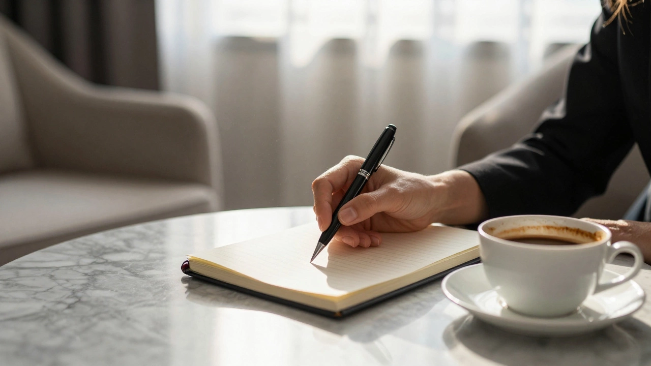 A notebook and coffee cup sit on a marble table in a luxury hotel room at dawn, symbolizing quiet professionalism.
