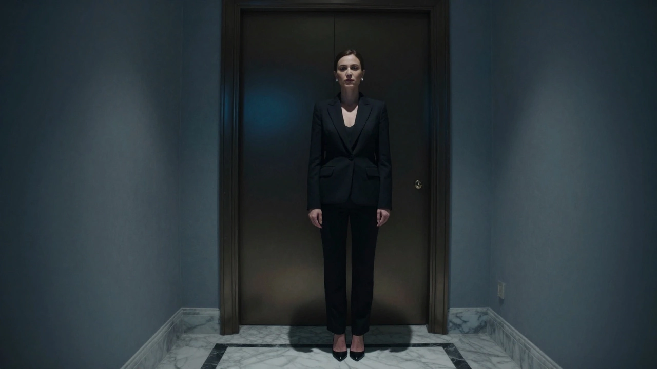 A woman in a black suit stands in a luxury hotel corridor at night, pearl earring glinting under cold light.