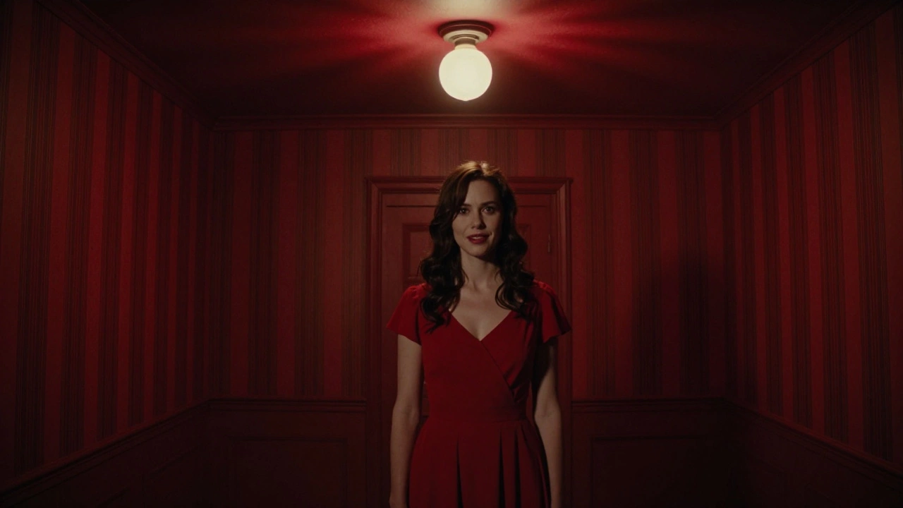 A woman in a red dress faces the camera in the eerie Red Room, flickering light casting shifting shadows.