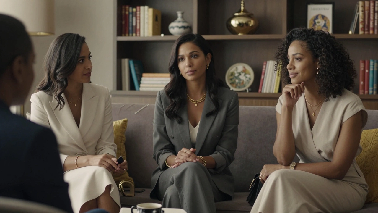 Three professional women engage in thoughtful conversation with clients in a quiet, elegant lounge.